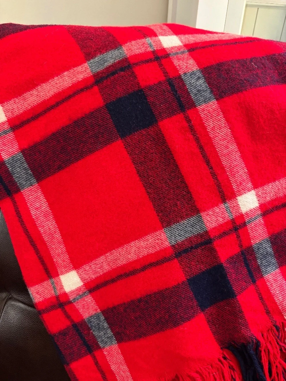 Vibrant vintage Harmony House red, white, blue tartan blanket